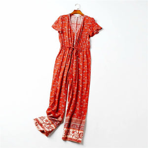 Red Floral Print, Boho Bodysuits,Bohemian Rompers