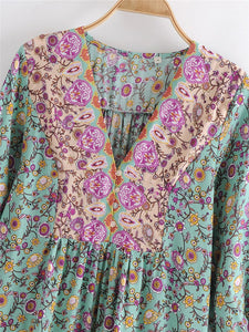 Floral print,deep V-neck,mini dress ,Boho dresses