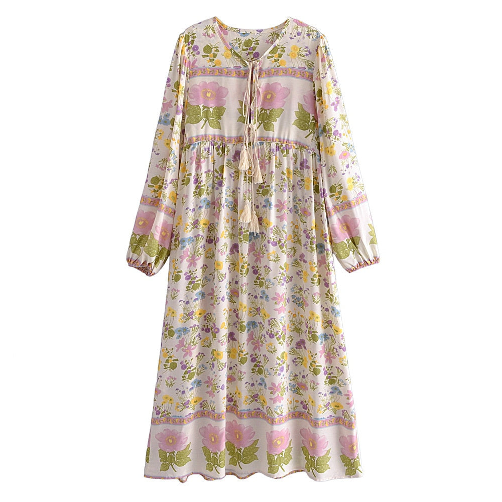 Beige Floral Print,Bohemian Maxi Dress,Boho Dress