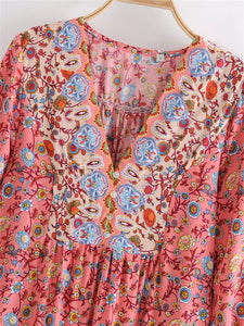 Floral print,deep V-neck,mini dress ,Boho dresses