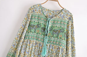 Elephant Green Floral ，Bohemian Maxi Dress，Boho Dress