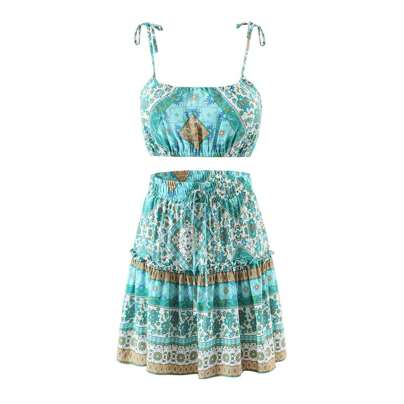 Boho Sets,Mini Tops and Skirts,Green Floral Print