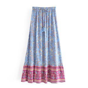 Blue Floral Print ,Bohemian Skirt，Boho Maxi Skirt