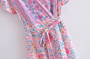 Pink floral print ,Boho dress, Bohemian Wrap Dress