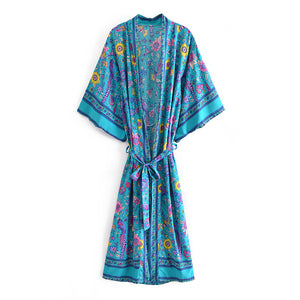 Green Peacock Floral Print,Bohemian  Kimono,  Boho Maxi Dress