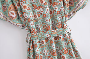 Green Floral Print , Bohemian  Blouses,Boho Kimono