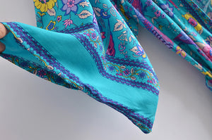 Green Peacock Floral Print,Bohemian  Kimono,  Boho Maxi Dress