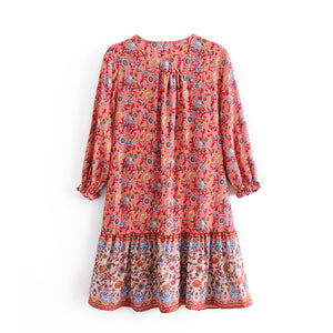 Floral print,deep V-neck,mini dress ,Boho dresses