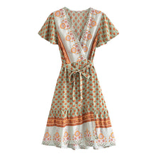 Load image into Gallery viewer, Green Floral Print,Beach Wrap Mini Dress,Boho Dresses
