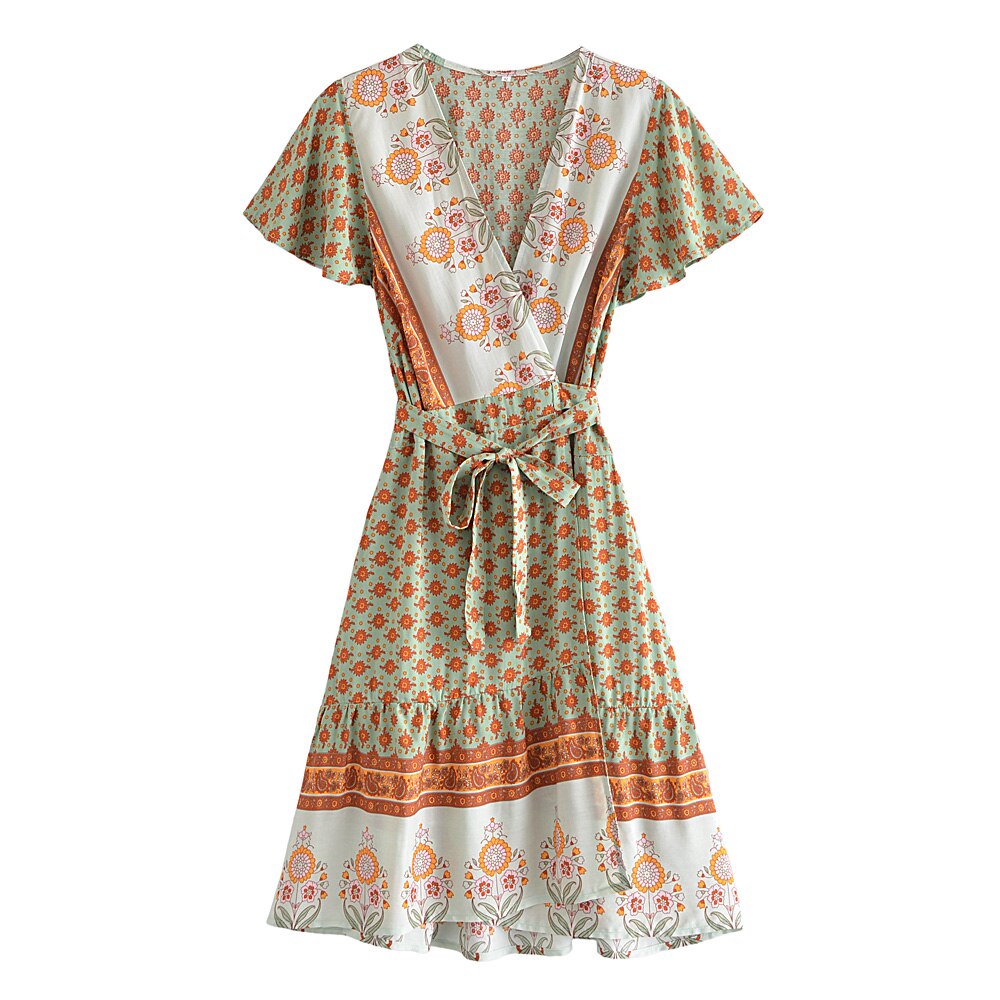 Green Floral Print,Beach Wrap Mini Dress,Boho Dresses