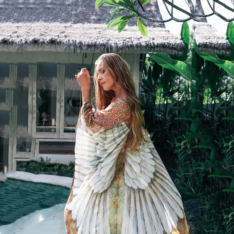 Floral print,Bohemian maxi dress,Boho kimono