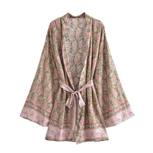 Load image into Gallery viewer, Green Floral Boho Kimono, Bohemian Bikini Cover-up
