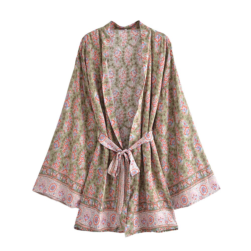 Green Floral Boho Kimono, Bohemian Bikini Cover-up
