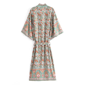 Green Floral Print , Bohemian  Blouses,Boho Kimono