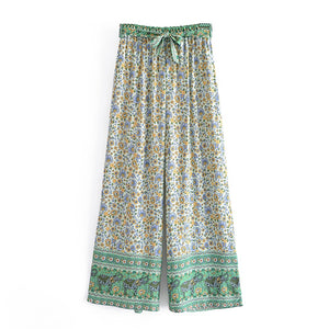 Boho Sets,Long Pants and Tops,Green Floral Print