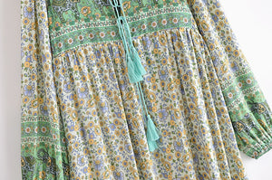 Elephant Green Floral ，Bohemian Maxi Dress，Boho Dress