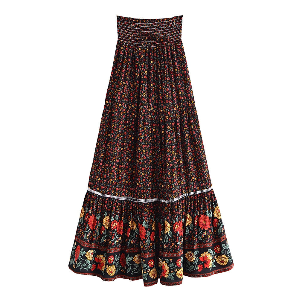 Black Floral Print ,Bohemian Pleated Skirt ,Boho Maxi Skirts