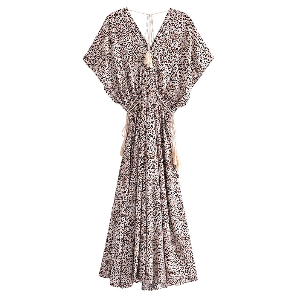 Leopard Floral Print ,Maxi Dress, Beach Boho Dress