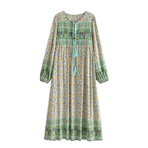 Elephant Green Floral ，Bohemian Maxi Dress，Boho Dress