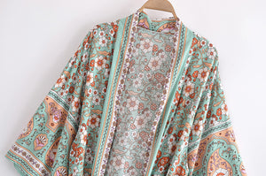 Green Floral Print , Bohemian  Blouses,Boho Kimono