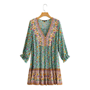Floral print v-neck,Boho sundress,Boho mini dress
