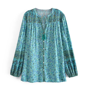 Green Floral Print, Loose Blouses ,Boho Shirts
