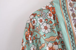 Green Floral Print , Bohemian  Blouses,Boho Kimono