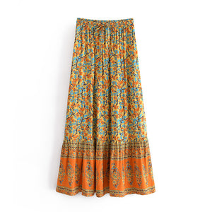 Yellow Floral Print,,High Elastic, Boho Maxi Skirt