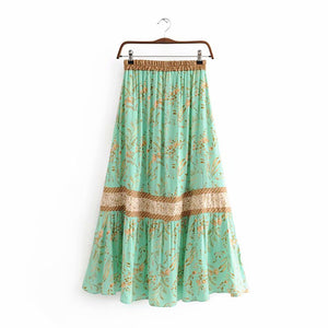 Boho Skirt, Maxi Skirt, Green Wild Flower