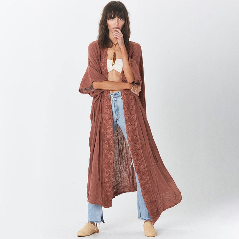 Solid Fancy Lace, Bohemian Maxi Dress,Boho Kimono