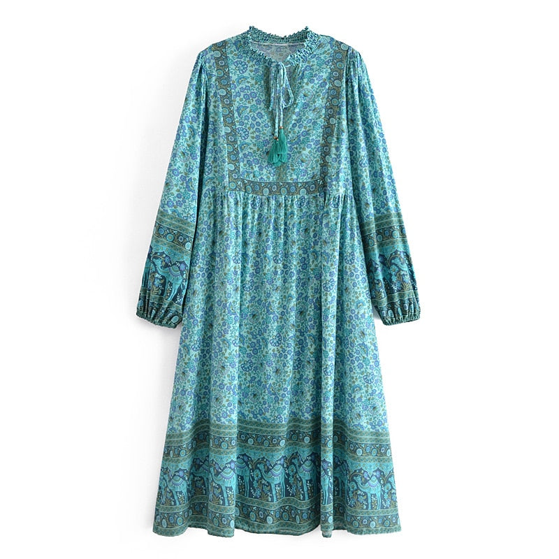 Green floral print,Bohemian dresses ,Boho midi vestidos