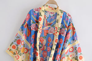 Floral Bird Print , bohemian Kimono, Boho Maxi dress robe