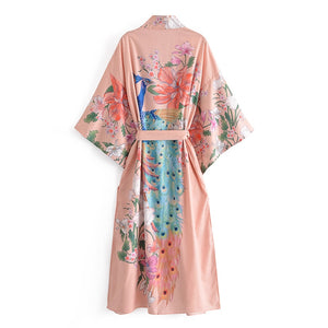 Peacock pink Floral Print, bohemian robe ,Boho Maxi Kimono