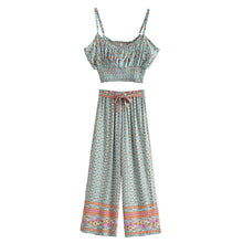 Load image into Gallery viewer, Green Floral Two Piece Outfits,Rayon Cotton Boho Sets
