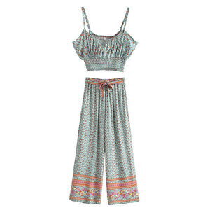 Green Floral Two Piece Outfits,Rayon Cotton Boho Sets