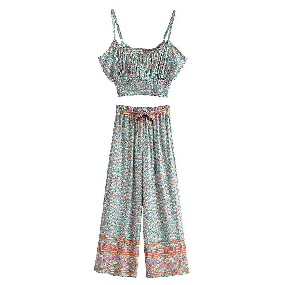 Green Floral Two Piece Outfits,Rayon Cotton Boho Sets