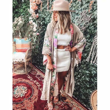 Load image into Gallery viewer, Peacock pink Floral Print, bohemian robe ,Boho Maxi Kimono
