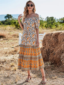 Floral Print Sundress,off Shoulder Boho Dress ,Maxi Dress