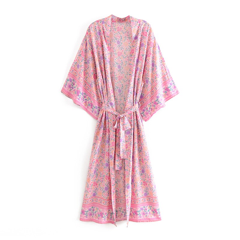 Boho Kimono,Boehmian Robe,Pink Floral Print