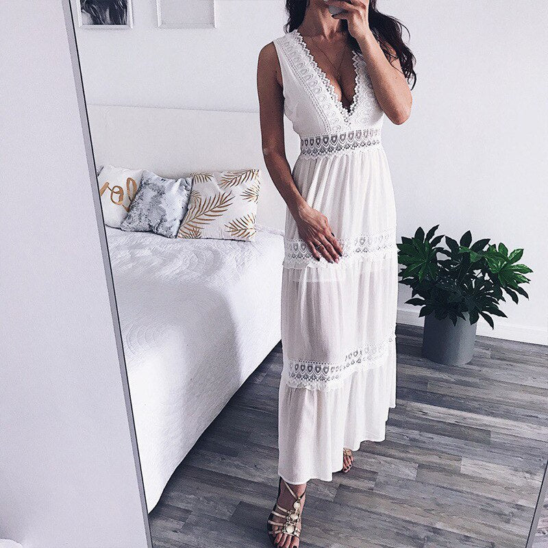 White Hollow Out,Boho Maxi Dress,Bohemian Sundress