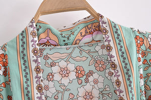 Green Floral Print , Bohemian  Blouses,Boho Kimono