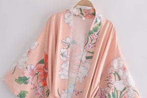 Peacock pink Floral Print, bohemian robe ,Boho Maxi Kimono