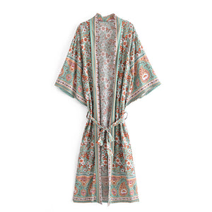 Green Floral Print , Bohemian  Blouses,Boho Kimono
