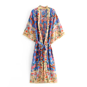 Floral Bird Print , bohemian Kimono, Boho Maxi dress robe