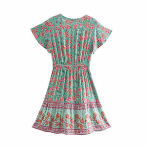 Floral Print V-neck,Boho Sundress,Boho Mini Dress