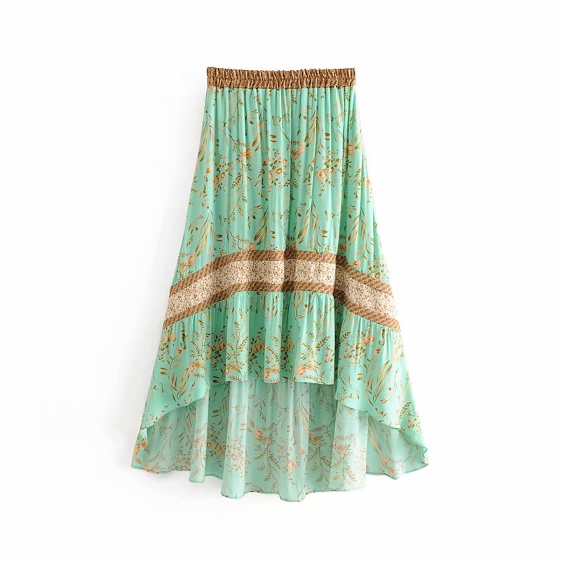 Boho Skirt, Maxi Skirt, Green Wild Flower