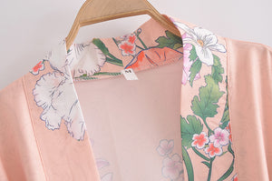 Peacock pink Floral Print, bohemian robe ,Boho Maxi Kimono