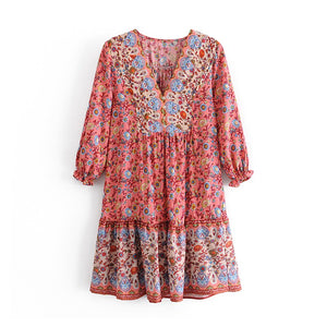 Floral print,deep V-neck,mini dress ,Boho dresses