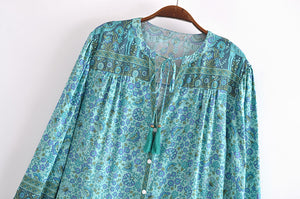 Green Floral Print, Loose Blouses ,Boho Shirts