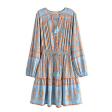 Load image into Gallery viewer, Blue Floral Print Bohemian Mini Dress , Rayon Boho Dress
